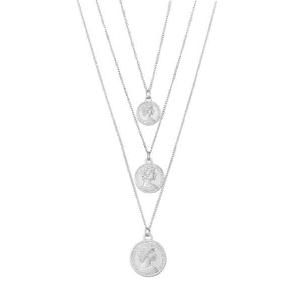 Women Fashion Vintage Carved Coin Multi-Layer Pendant Long Necklace(Silver)