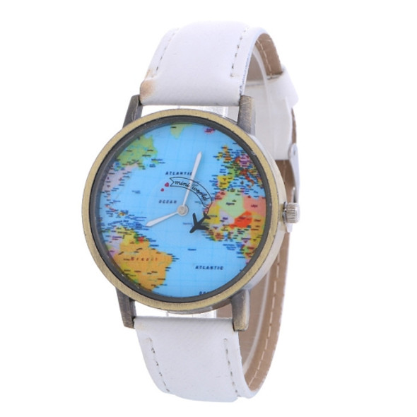 Leisure Style Round Dial Quartz Movement World Map Pattern Printing Plane Rotary Cowboy Dress Wrist Watch with Leather Band for Men / Women / Students(White)