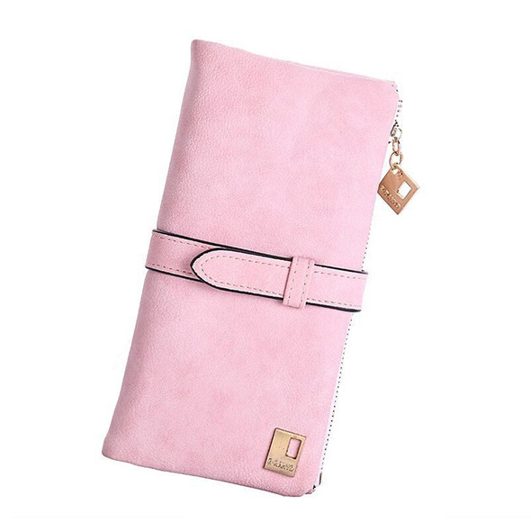Fashion Women Wallets Drawstring Nubuck Leather Zipper Wallet Women&#39;s Long Design Purse Two Fold Bag(Pink)