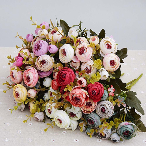 2 Bundle Retro Tea Roses Bride Bouquet Artificial Flowers(Dark Pink)