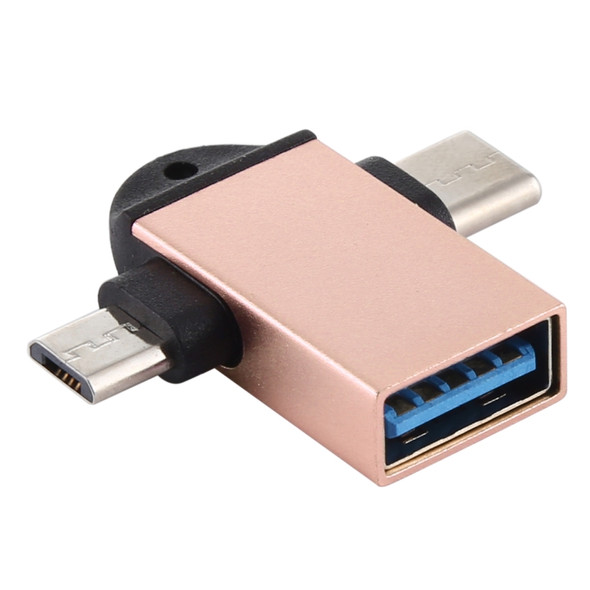 USB 3.0 Female to USB-C / Type-C Male + Micro USB Male Multi-function OTG Adapter with Sling Hole (Gold)