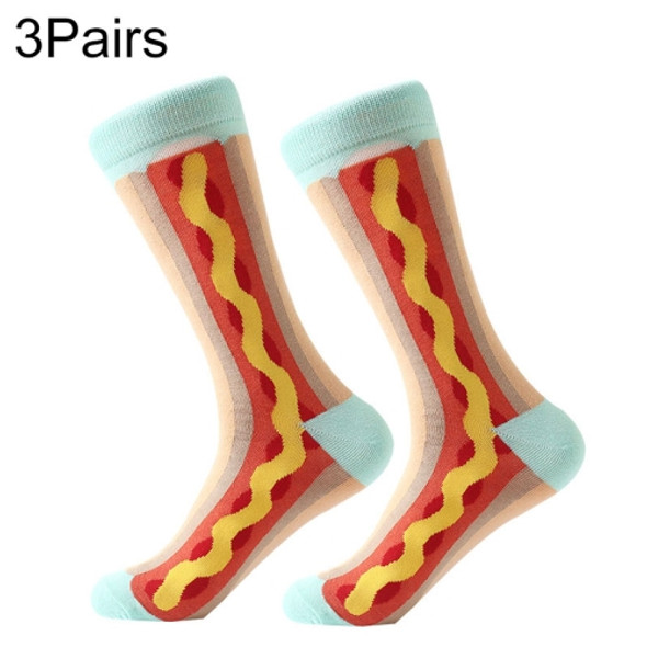 3 Pairs Cotton Various Cartoon Geometric Patterns Fashion Men Tube Socks(Hot Dog)