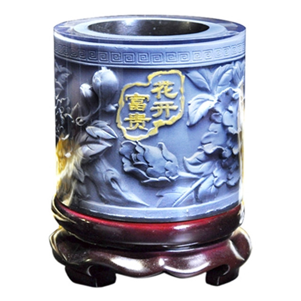 Crystal Resin Material Peony Embossed Pattern Ornaments Drum Shape Rotation Pen Holder