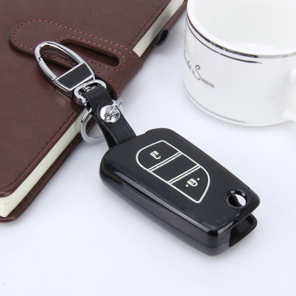 Car Auto PU Leather Fold Two Buttons Luminous Effect Key Ring Protection Cover for 2014 Version RAV4 2015 Version Highlander(Black)