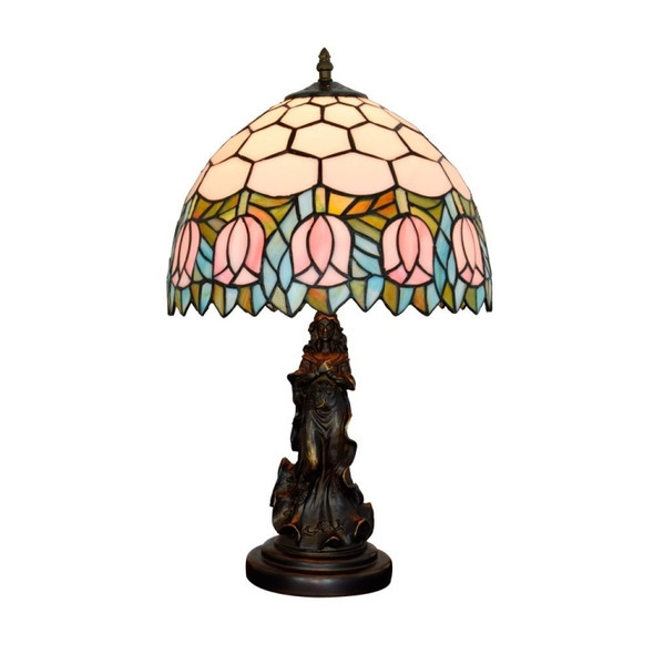 YWXLight Tulip Stained Glass Lighting Retro Table Lamp Living Room Dining Room Bedroom Bedside Counter Lamp (US Plug)