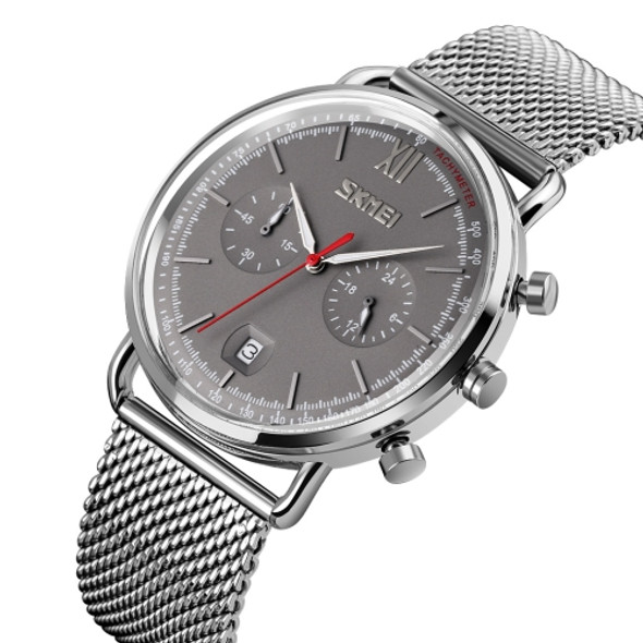 SKMEI 9206 Calendar Stopwatch Luminous Pointer Metal Mesh Belt Quartz Watch for Men(Silver Shell Grey Surface)