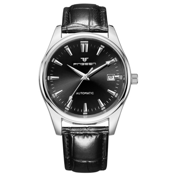 FNGEEN 2111 Men Simple Luminous Calendar Quartz Watch(Black Leather White Shell Black Surface)
