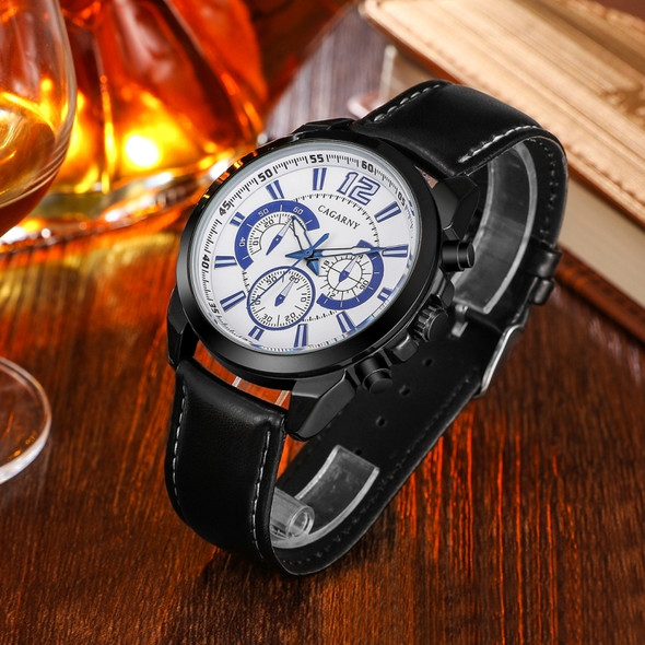 CAGARNY 6826 Fashionable  Quartz Business Sport Wrist Watch with Leather Band & 24-hour Indication & Calendar Function for Men(White Window Blue Scale)