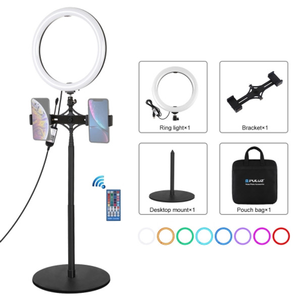 PULUZ 140cm Round Base Desktop Mount + Live Broadcast Dual Phone Bracket + 10.2 inch 26cm RGBW LED Ring Vlogging Video Light Kits with Remote Control & Cold Shoe Tripod Ball Head