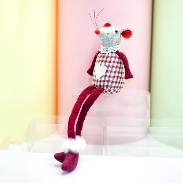 2 PCS Christmas Plaid Wool Line Long Foot Mouse Doll Ornament Gift(Red )