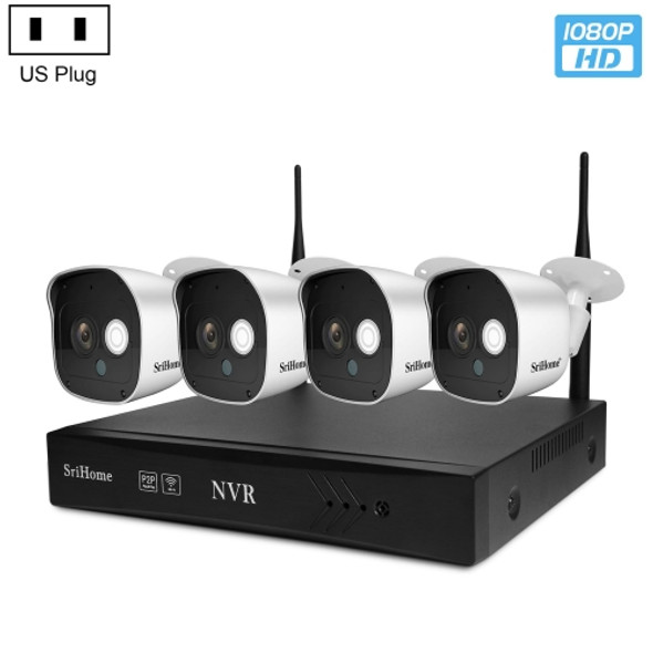 SriHome NVS002 1080P 4-Channel NVR Kit Wireless Security Camera System, Support Humanoid Detection / Motion Detection / Night Vision, US Plug