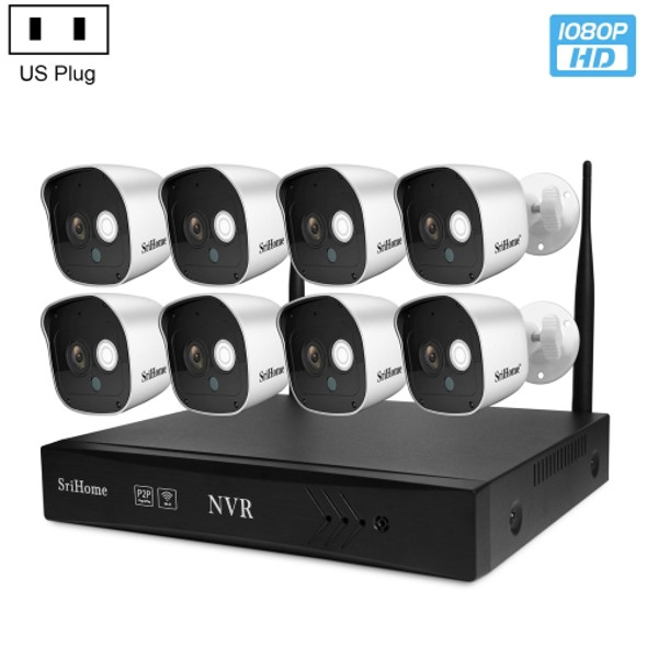 SriHome NVS002 1080P 8-Channel NVR Kit Wireless Security Camera System, Support Humanoid Detection / Motion Detection / Night Vision, US Plug