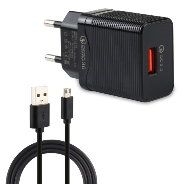 LZ-728 2 in 1 18W QC 3.0 USB Interface Travel Charger + USB to Micro USB Data Cable Set, EU Plug, Cable Length: 1m (Black)