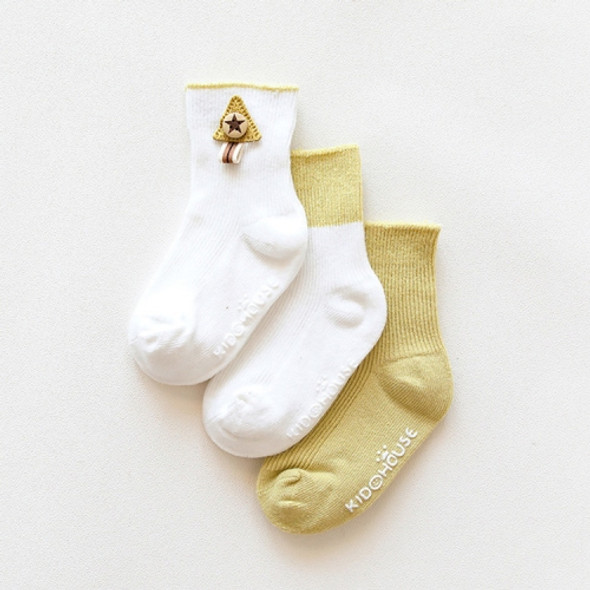 3 Pairs Cotton Non-Slip Double Needles Loose Mouth Plain Baby Socks, Size:M(Grass Yellow)