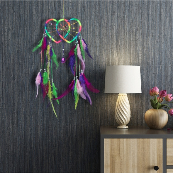 Creative Lace Hand-woven Crafts Double Peach Heart Colorful Feather Dream Catcher Home Car Wall Hanging Decoration