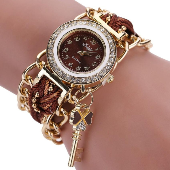 Women Round Dial Diamond Braided Hand Strap Quartz Watch with Key Pendant(Brown)