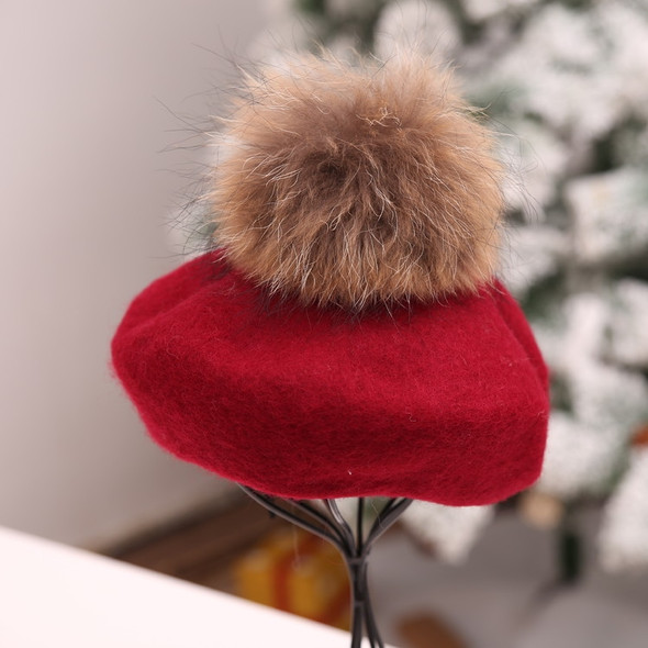 Women Retro Plush Ball Beret Loose Cashmere Beanie Hat, Size:One Size(Wine Red)