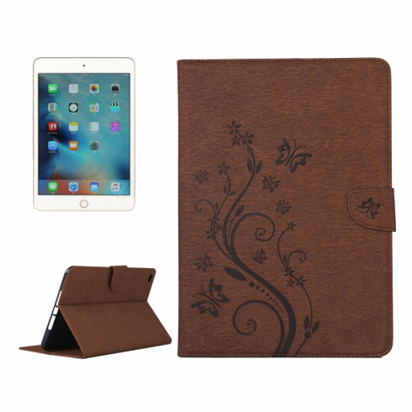 For iPad mini 4 Pressed Flowers Butterfly Pattern Horizontal Flip PU Leather Case with Magnetic Buckle & Holder & Card Slots & Wallet(Brown)