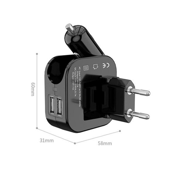 SL-608 2 in 1 2.1A Dual USB Travel Charger Foldable Car Charger, EU Plug(Black)