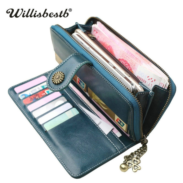 Vintage Button Phone Purses Women Wallets Female Purse Leather Brand Retro Ladies Long Zipper Woman Wallet Card Clutch(Long green)