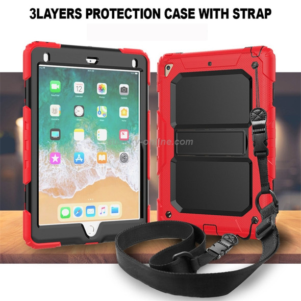 Shockproof PC + Silica Gel Protective Case for iPad 9.7 (2018), with Holder & Shoulder Strap(Red)