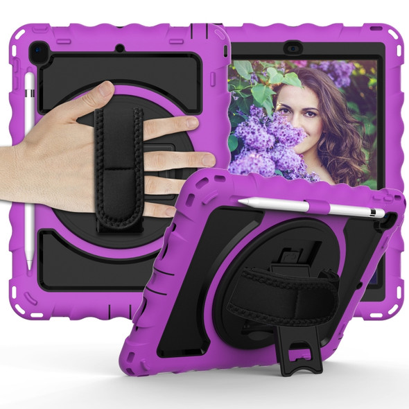 For iPad 9.7 (2018) & (2017) 360 Degree Rotation PC + Silicone Shockproof Combination Case with Holder & Hand Grip Strap & Neck Strap(Purple)