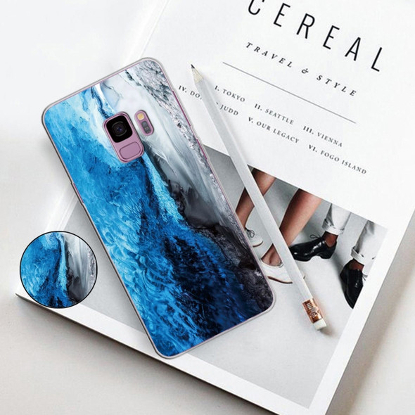 For Galaxy S9 Embossed varnished Marble TPU Protective Case with Holder(Dark Blue)