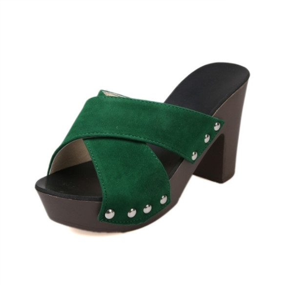 Cross Strap Chunky Heel Sandal Thick High-Heeled Sandals, Size:40(Green)