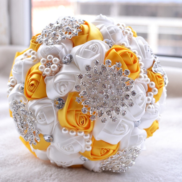 Wedding Holding Pearl Diamond Flowers Bridal Bouquet Accessories Bridesmaid Rhinestone Party Wedding Decoration Supplies, Diameter: 20cm(Yellow)