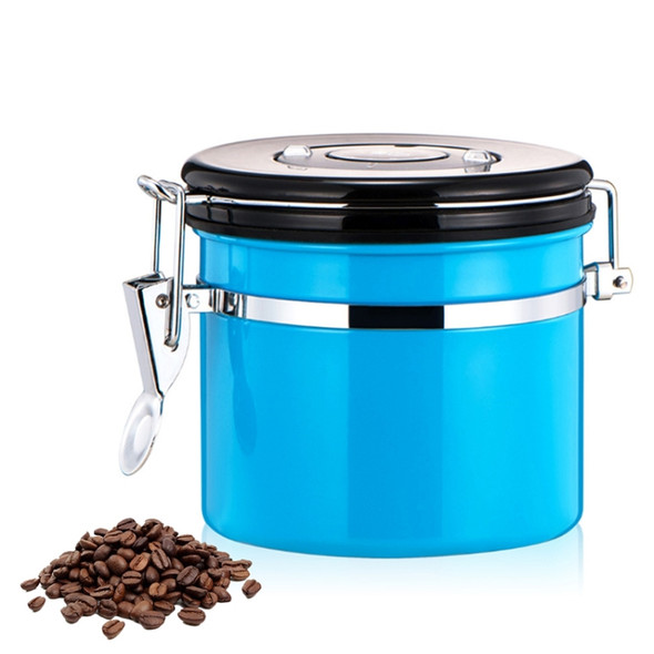 800ml Stainless Steel Sealed Food Coffee Grounds Bean Storage Container with Built-in CO2 Gas Vent Valve & Calendar (Blue)