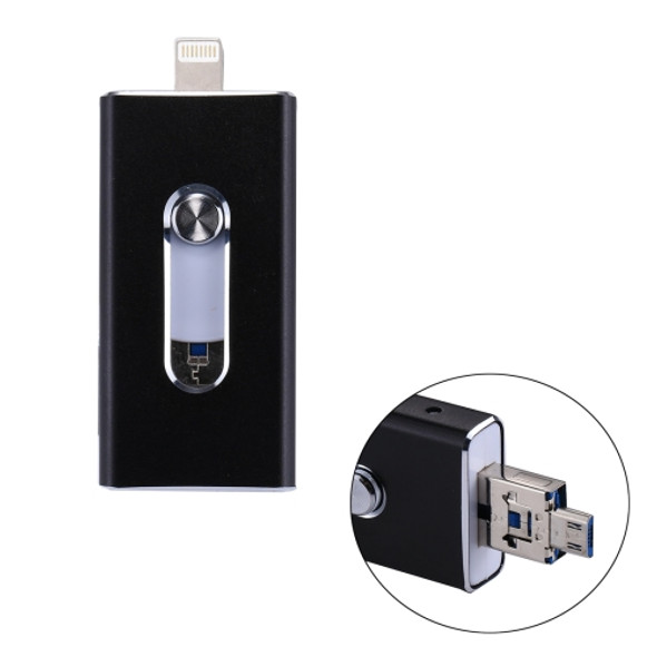 RQW-02 3 in 1 USB 2.0 & 8 Pin & Micro USB 64GB Flash Drive, for iPhone & iPad & iPod & Most Android Smartphones & PC Computer(Black)