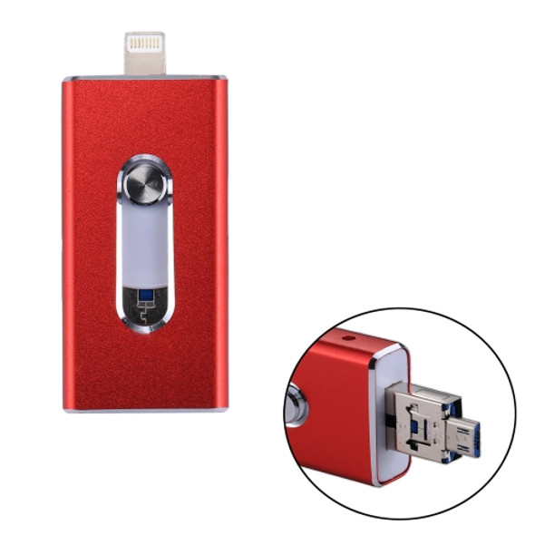 RQW-02 3 in 1 USB 2.0 & 8 Pin & Micro USB 16GB Flash Drive, for iPhone & iPad & iPod & Most Android Smartphones & PC Computer(Red)