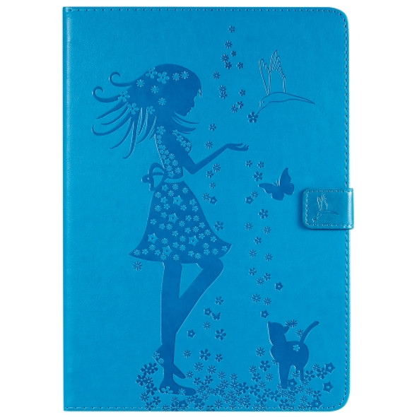 For iPad 10.2 / Pro 10.5 / Air 2019 Pressed Printing Woman and Cat Pattern Horizontal Flip Leather Case with Holder & Card Slots & Wallet(Blue)