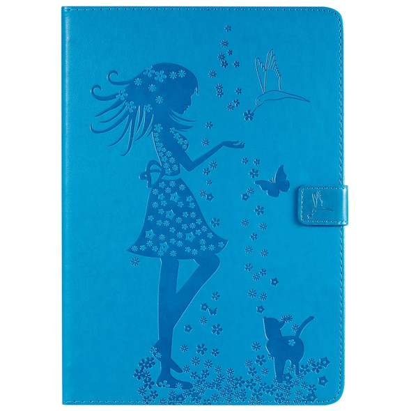 For iPad 10.2 / Pro 10.5 / Air 2019 Pressed Printing Woman and Cat Pattern Horizontal Flip Leather Case with Holder & Card Slots & Wallet(Blue)