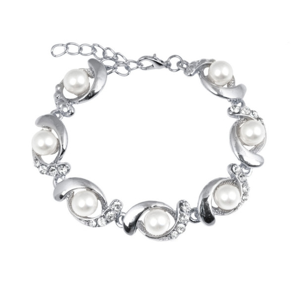 Women Fashion Trendy Pearl Chain Crystal Bracelet(silver)