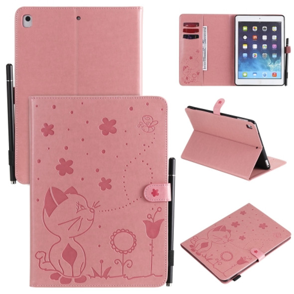 For iPad Air 2 / Air / 9.7 (2018) & (2017) Cat Bee Embossing Pattern Horizontal Flip Leather Case with Holder & Card Slots & Wallet & Pen Slot & Wake-up / Sleep Function(Pink)