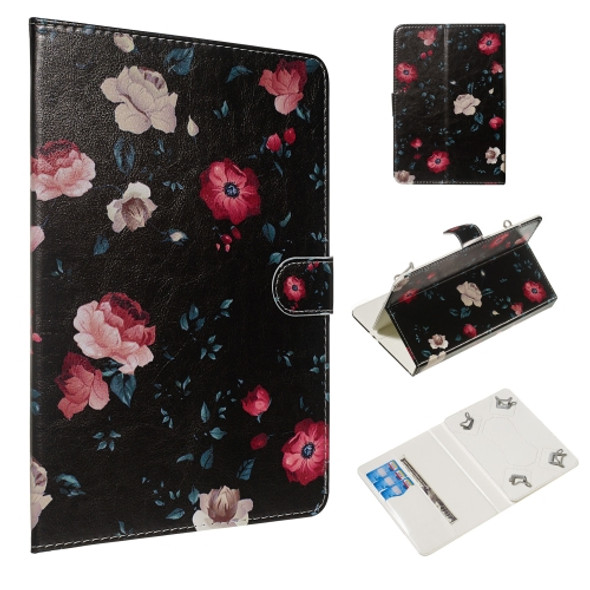 For 7 inch Universal Tablet PC Colored Drawing Pattern Horizontal Flip PU Leather Case with Holder & Card Slots(Black Backgroud Flower)