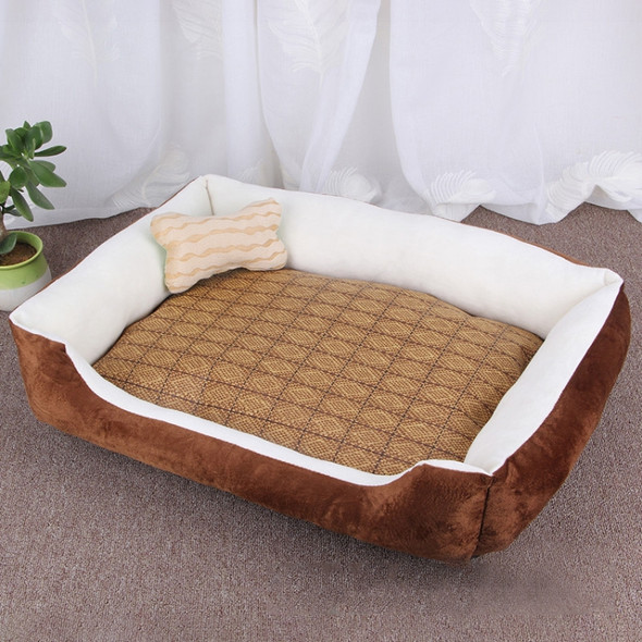 Dog Bone Pattern Big Soft Warm Kennel Pet Dog Cat Mat Blanket, with Rattan Mat Size: XS, 50×40×15cm (Brown White)