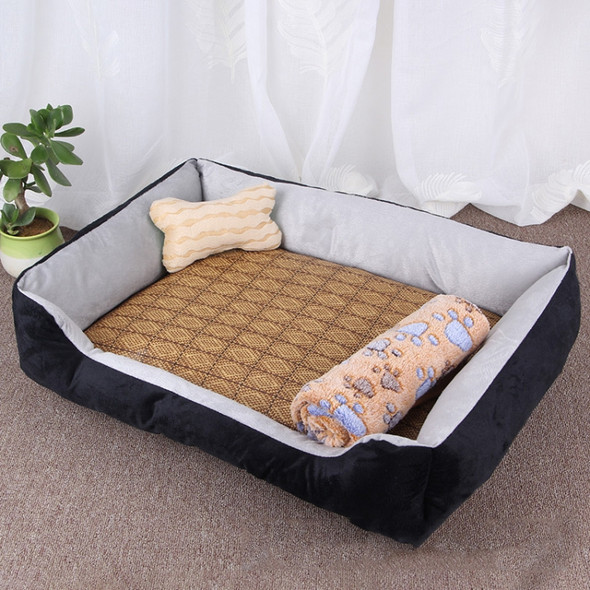 Dog Bone Pattern Big Soft Warm Kennel Pet Dog Cat Mat Blanket, with Rattan Mat & Blanket Size: XXL, 120×90×18cm(Black Grey)