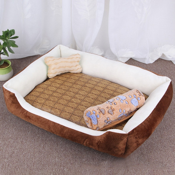 Dog Bone Pattern Big Soft Warm Kennel Pet Dog Cat Mat Blanket, with Rattan Mat & Blanket Size: XXL, 120×90×18cm (Brown White)
