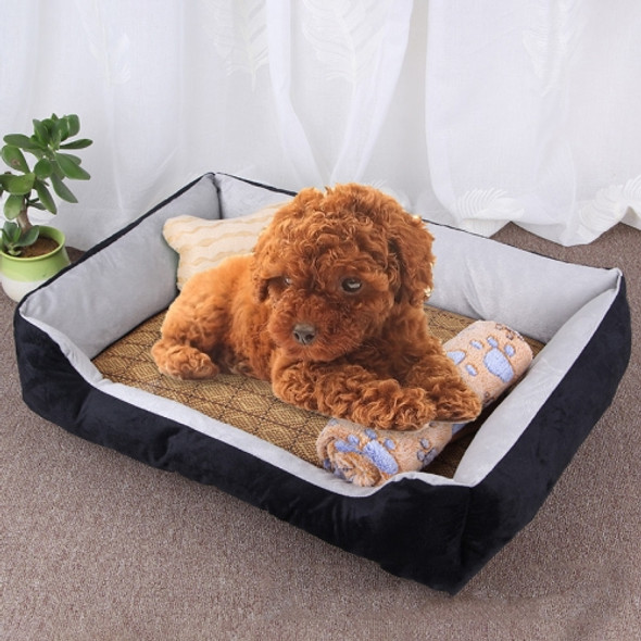 Dog Bone Pattern Big Soft Warm Kennel Pet Dog Cat Mat Blanket, with Rattan Mat & Blanket Size: XS, 50×40×15cm (Black Grey)