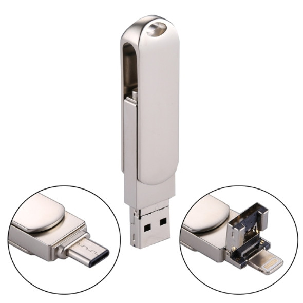 RQW-10X 3 in 1 USB 2.0 & 8 Pin & USB-C / Type-C 128GB Flash Drive, for iPhone & iPad & iPod & Most Android Smartphones & PC Computer