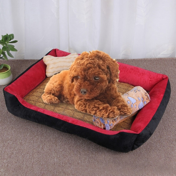 Dog Bone Pattern Big Soft Warm Kennel Pet Dog Cat Mat Blanket, with Rattan Mat & Blanket Size: XXL, 120×90×18cm (Black Red)