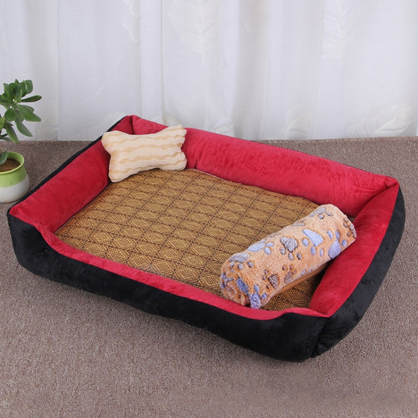 Dog Bone Pattern Big Soft Warm Kennel Pet Dog Cat Mat Blanket, with Rattan Mat & Blanket Size: XXL, 120×90×18cm (Black Red)