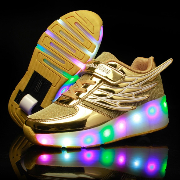 K03 LED Light Single Wheel Wing Mesh Surface Roller Skating Shoes Sport Shoes, Size : 33 (Gold)