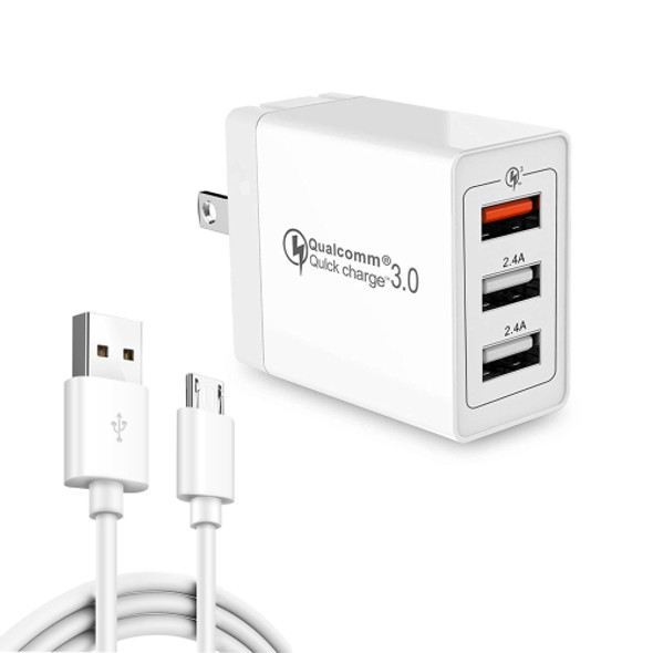 SDC-30W 2 in 1 USB to Micro USB Data Cable + 30W QC 3.0 USB + 2.4A Dual USB 2.0 Ports Mobile Phone Tablet PC Universal Quick Charger Travel Charger Set, US Plug