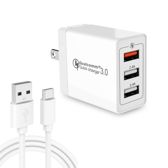 SDC-30W 2 in 1 USB to USB-C / Type-C Data Cable + 30W QC 3.0 USB + 2.4A Dual USB 2.0 Ports Mobile Phone Tablet PC Universal Quick Charger Travel Charger Set, US Plug