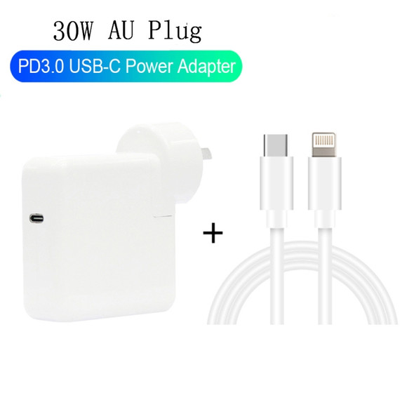 2 in 1 PD3.0 30W USB-C / Type-C Travel Charger with Detachable Foot + PD3.0 3A USB-C / Type-C to 8 Pin Fast Charge Data Cable Set, Cable Length: 1m, AU Plug