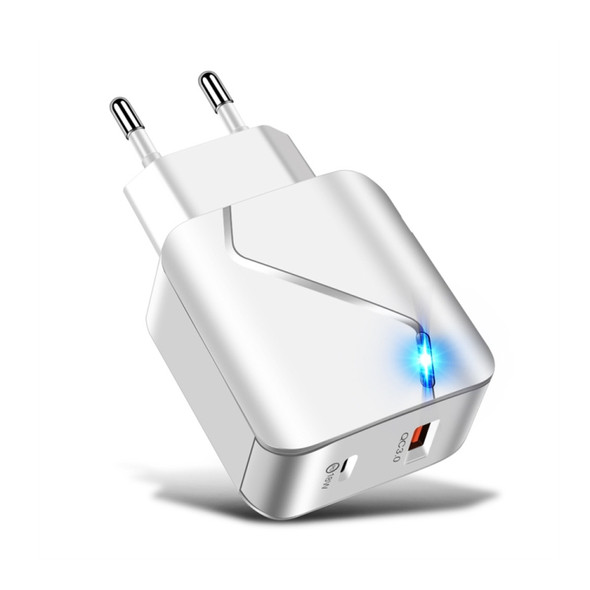 LZ-819A+C 18W QC3.0 USB + PD USB-C / Type-C Interface Travel Charger with Indicator Light + USB to USB-C / Type-C Fast Charging Data Cable Set, EU Plug(White)