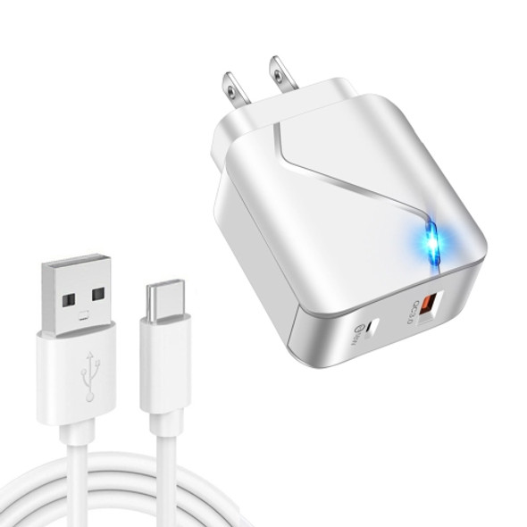 LZ-819A+C 18W QC3.0 USB + PD USB-C / Type-C Interface Travel Charger with Indicator Light + USB to USB-C / Type-C Fast Charging Data Cable Set, US Plug(White)